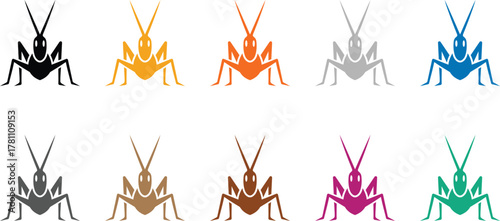 Colorful grasshopper icon collection on white background, Vibrant insect vector set for nature design