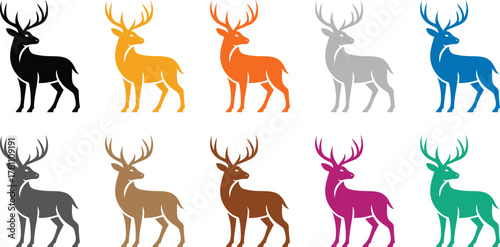 Colorful deer icons arranged in two rows, Elegant wildlife deer vector illustration set