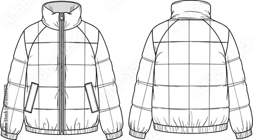 Puffer jacket technical sketch, front and back view, quilted design, zipper closure, high collar detail, vector garment template, fashion illustration
