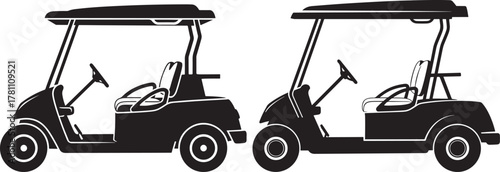 Two black golf cart silhouettes side by side on white background