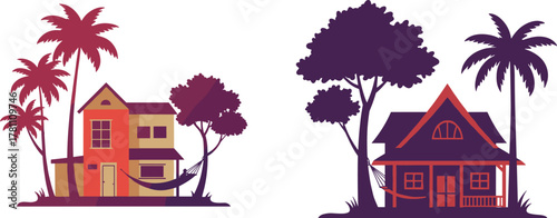 Tropical vacation houses with palm trees and hammocks, beach summer cottages and seaside homes in sunset color illustration design