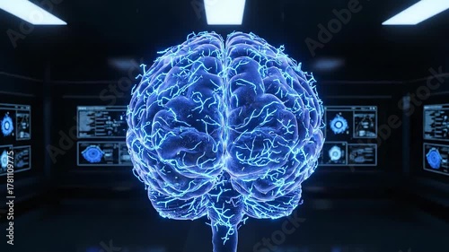 Glowing blue neural network within a futuristic science laboratory representing human brain activity and cognition