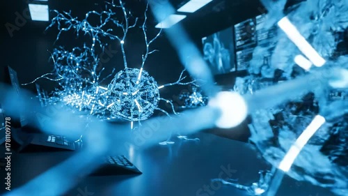 Glowing blue neurons and brain structures interconnected within a scientific research laboratory environment displaying complex neural networks