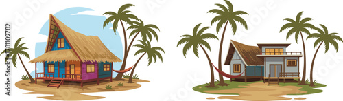 Tropical beach houses with palm trees and hammock, summer island vacation huts, seaside cottages for travel and relaxation illustration