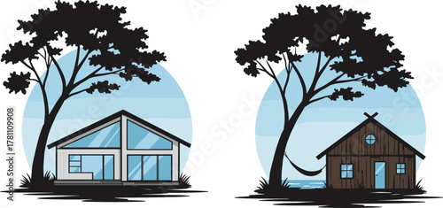 Modern and rustic beach houses under tree with hammock, relaxing seaside vacation illustration, summer holiday home vector, tropical paradise design