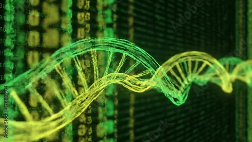 Glowing DNA helix structure on a digital background with binary code in green and yellow