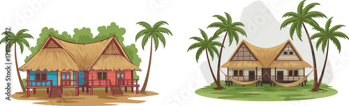 Tropical beach bungalows with palm trees and hammock, summer vacation cottages by sea, relaxing holiday huts, exotic island resort