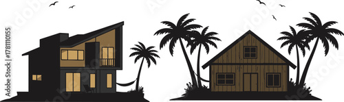 Tropical beach houses with palm trees and hammock at sunset, relaxing seaside vacation illustration, summer holiday home silhouette vector art