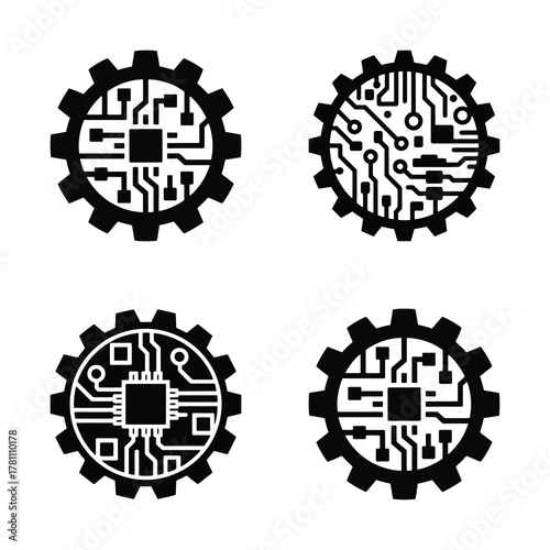 Four circular circuit board gear silhouettes