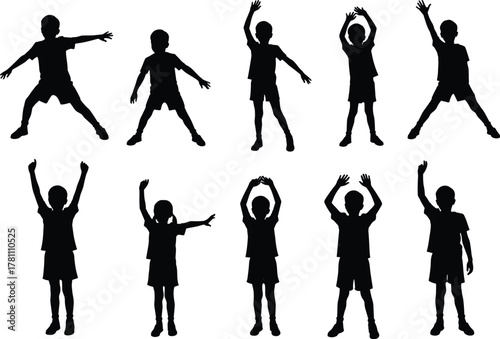 Child silhouette, exercise poses, stretching routine, black and white, physical activity, expressive motion, t-shirt and shorts, fitness gesture, playful movement