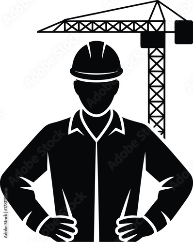 Construction worker silhouette with crane silhouette