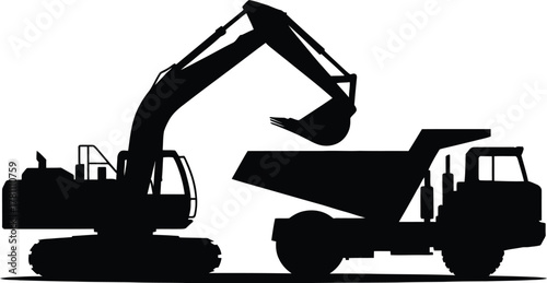 Excavator loading dump truck silhouette