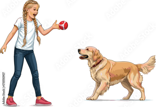 Child with golden retriever, fetch moment, playful pet interaction, red ball gesture, emotional bond, outdoor scene, companionship, joyful activity