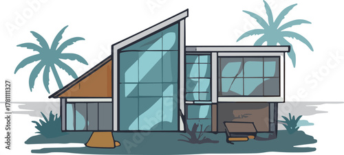 Modern tropical beach house with glass walls, minimalist design architecture, luxury vacation villa surrounded by palm trees and ocean view