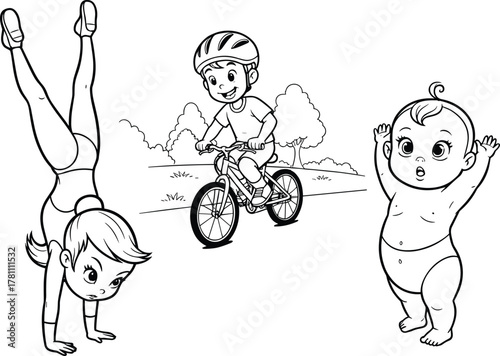 Children activities, handstand pose, bicycle riding, baby standing, black and white, outdoor motion, expressive gesture, childhood development, playful moment, park