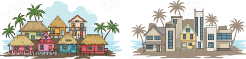 Colorful tropical village and modern beach houses with palm trees, coastal architecture illustration, vibrant seaside lifestyle concept vector art