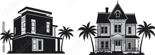 Black and white modern and vintage houses with palm trees, architectural contrast illustration, minimal vector design for real estate concept