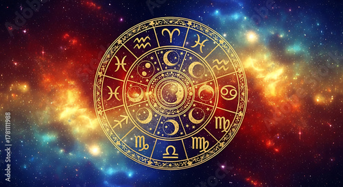 Astrological wheel with zodiac signs against cosmic backdrop background