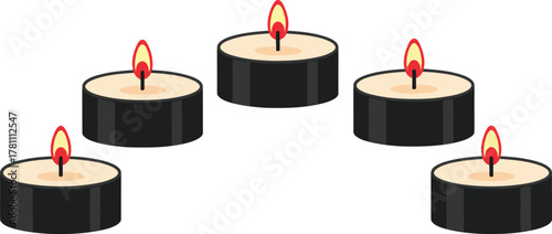 Five illuminated tea light candles arranged in a graceful arc, vector graphic illustration for various themes.