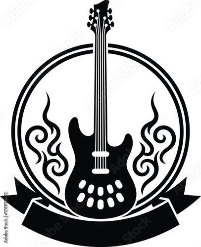 Silhouette Electric guitar emblem with flames and banner vector illustration