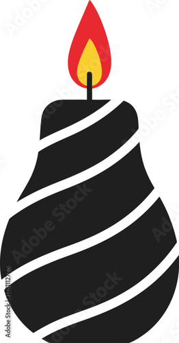 Stylized black candle with white spiral stripes and a bright burning flame on a clean background