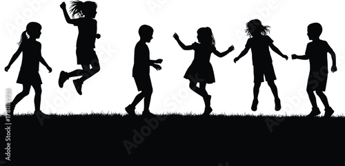 Children dancing and playing silhouette, joyful outdoor moment, black outline, expressive posture, minimal art, social interaction, childhood movement
