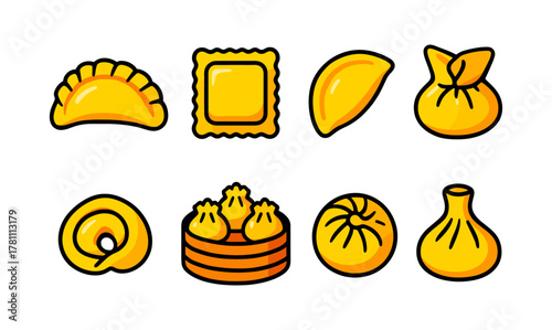 Colorful cartoon dumplings collection: international dumpling shapes and styles