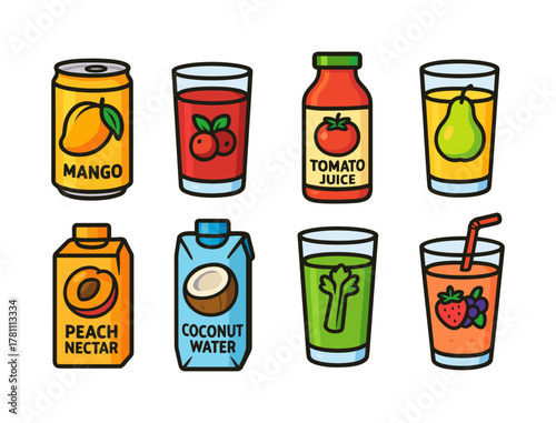 Colorful cartoon beverage collection with juice and water packs