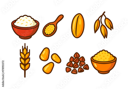 Flat design cereal grains collection with rice, wheat, and corn icons