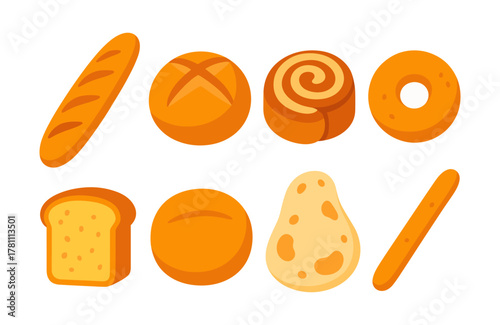 Assorted baked goods in flat design with various bread and pastries