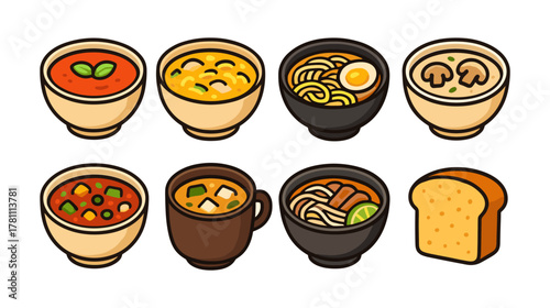 Assorted cartoon soup bowls and bread clipart for kitchen and culinary design themes