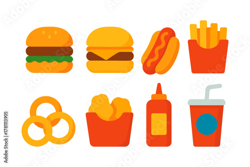 Bright fast food icons featuring burgers, hot dogs, fries, and soda in flat design
