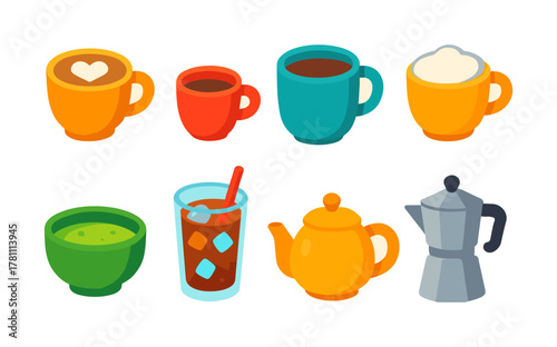 Colorful beverage icons: tea, coffee, matcha, espresso, iced coffee, cappuccino