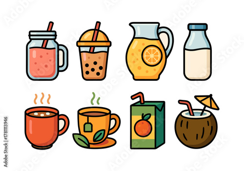 Colorful beverage assortment with coffee, tea, and juices in cartoon style