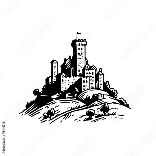 Illustration of a medieval castle with a tall tower perched atop a hill with trees and vegetation around it