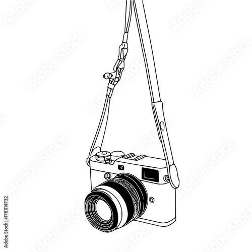 Detailed line art of a hanging camera with a lens and strap in a minimalist style drawing design