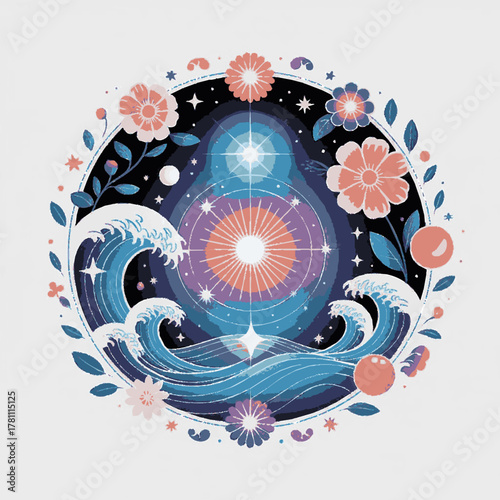Celestial Harmony – A surreal fusion of nature and cosmic geometry, blending organic shapes and light into a balanced, radiant vector artwork. generative ai