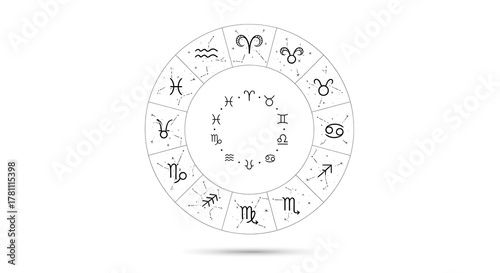 Celestial zodiac chart with twelve constellations in circular pattern background