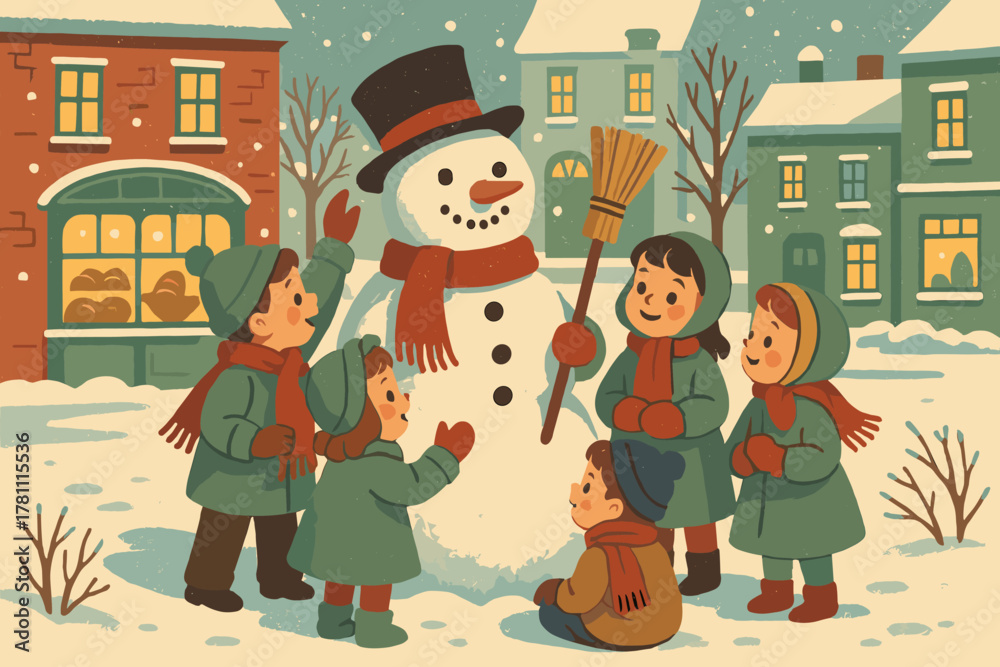 Fototapeta premium Vector winter vintage icon wonderland snowman no nostalgia texture gathered emojis around