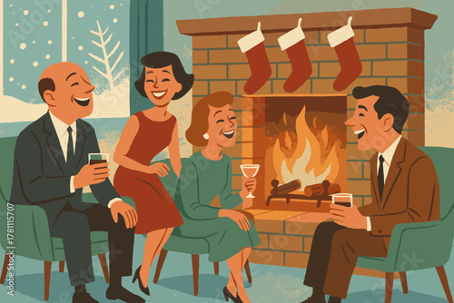 Cartoon gathering captions vector retro white text icon winter green numbers no