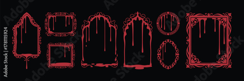 Bloody Gothic Vintage Frame Set – Hand-Drawn Red Borders, Dripping Vampire Horror Decoration for Halloween Poster, Antique Banner, Fantasy Graphic, Sticker, or Print Design