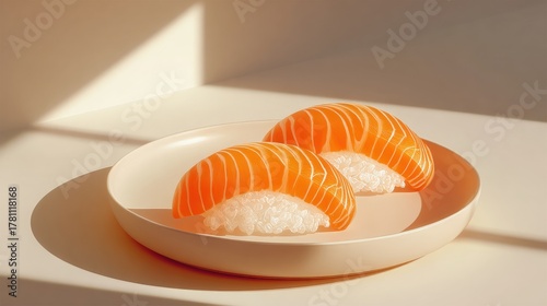 Three pieces of fresh sushi served in a white bowl on a wooden table, showcasing vibrant colors and minimalist Japanese cuisine presentation.