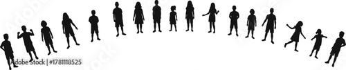 Children silhouette group, curved line, diverse poses, expressive gestures, black illustration, standing figures, individuality, motion, posture study, white background