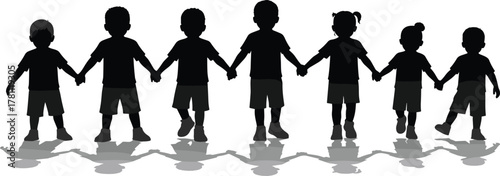 Children silhouette illustration, holding hands, unity concept, friendship, diversity, emotional connection, reflection effect, faceless figures, togetherness, symbolic design, peaceful scene