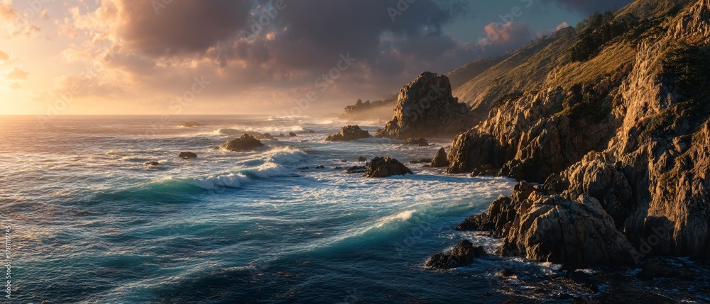 Obraz premium Sunset View from Ocean Clifftop