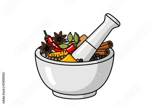 A mortar filled with spices including star anise peppers turmeric and cinnamon sticks