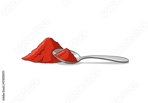 A pile of red powder is next to a spoon filled with red powder