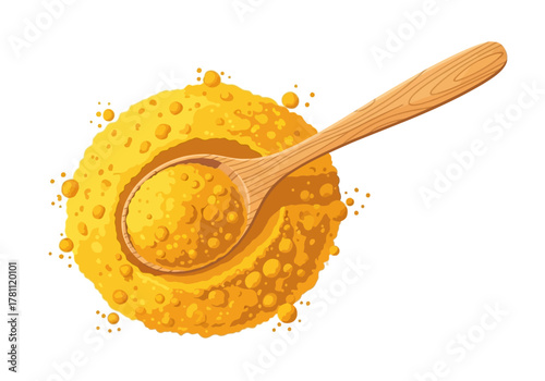 A spoonful of vibrant yellow powder nestles in a wooden spoon