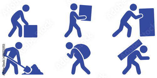 Stickman delivery and labor work icons, Heavy lifting and courier activity silhouettes, Worker carrying and pushing boxes illustration