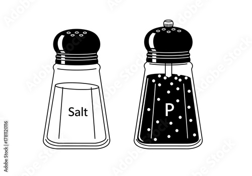A salt and pepper shaker the shaker labeled Salt filled the pepper shaker filled with peppercorns and labeled P